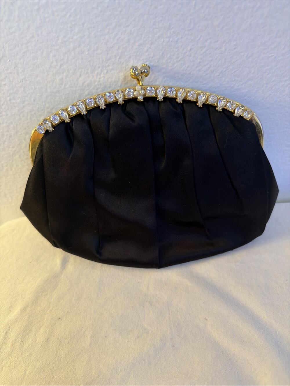 Vintage Bag by Edwards Black Satin Clutch Rhinestone Kiss Lock Evening